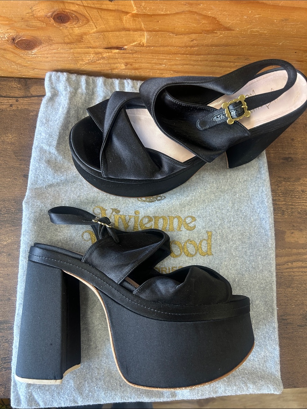 Vivienne Westwood Black Satin Platform Slingback Sandals